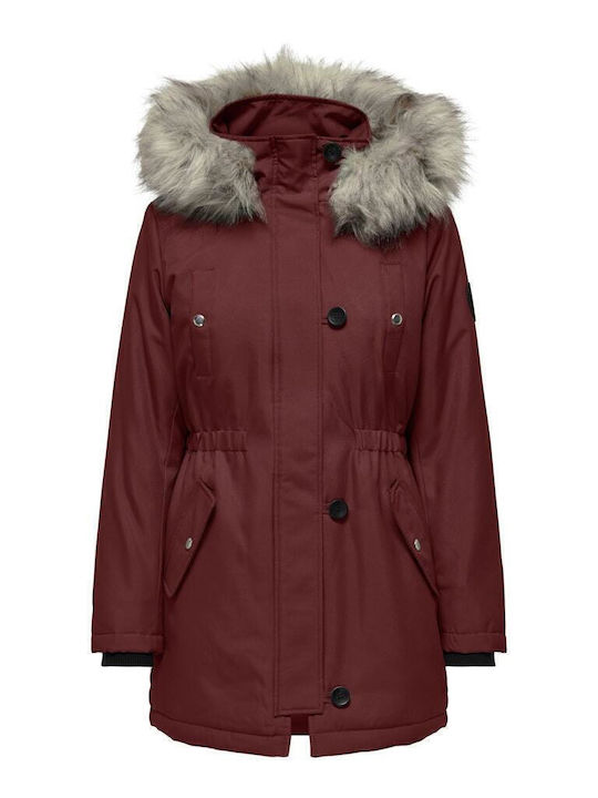 Iris Women's Long Parka Jacket for Winter with Hood Burgundy