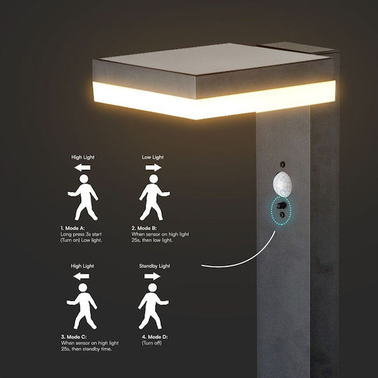V-TAC Solar Light Floor Column 5.5W 220lm Warm White 3000K with Motion Sensor IP54 15.5cmx22.9cmx15.5cmcm