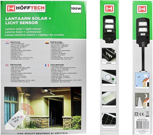 Hofftech Straßen-Solarleuchte 100W 840lm Kaltweiß 6000K mit Bewegungssensor, Fotokontakt und Fernbedienung IP65 48.5cmx22cmx6cmcm
