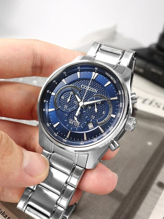 Citizen Ανδρικό Ρολόι 42mm Χρονογράφος Μπαταρίας με Ασημί Μεταλλικό Μπρασελέ