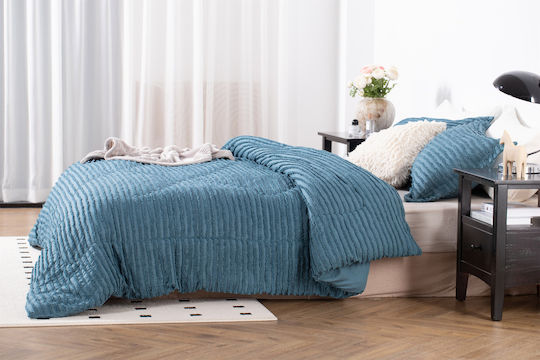 Saray Home Set Pilotă Super Dublu cu Umplutură Microfiber 220x240cm Ruffles Benzină 3buc 200 g/mp²Gsm