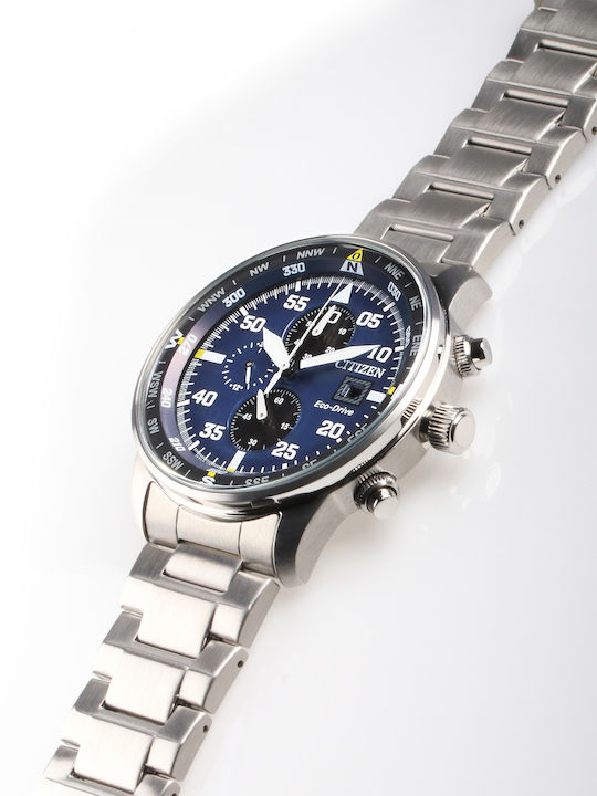 Citizen Ανδρικό Ρολόι 44mm Χρονογράφος Eco - Drive με Ασημί Μεταλλικό Μπρασελέ
