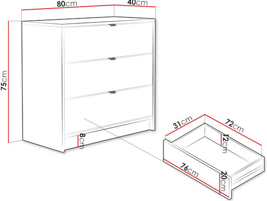 Tireno 3sz Wooden Chest of Drawers Mpez 80x40x75cm