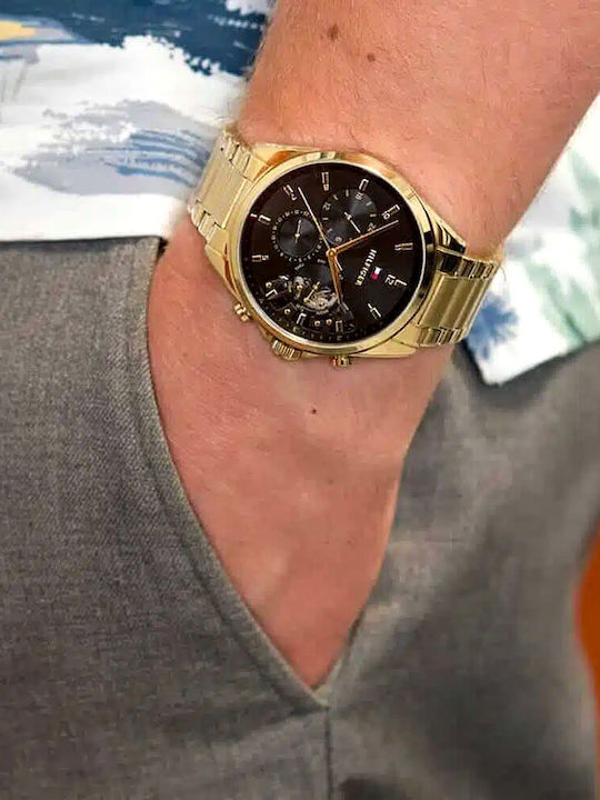 Tommy Hilfiger Baker Men's Watch 44mm Chronograph Battery with Gold Metal Bracelet
