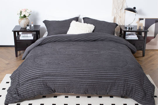 Saray Home Duvet Set Queen with Microfiber Filling 220x240cm Ruffles Charcoal 3pcs 200 GSMGsm