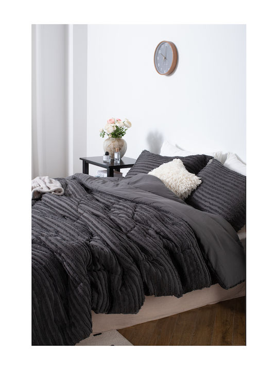 Saray Home Duvet Set Queen with Microfiber Filling 220x240cm Ruffles Charcoal 3pcs 200 GSMGsm