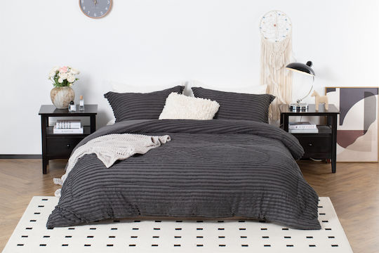 Saray Home Duvet Set Queen with Microfiber Filling 220x240cm Ruffles Charcoal 3pcs 200 GSMGsm
