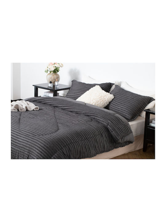 Saray Home Duvet Set Queen with Microfiber Filling 220x240cm Ruffles Charcoal 3pcs 200 GSMGsm