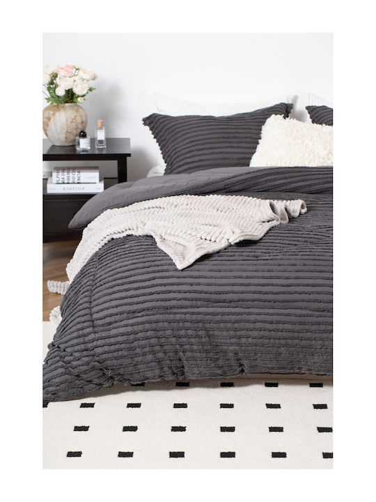 Saray Home Duvet Set Queen with Microfiber Filling 220x240cm Ruffles Charcoal 3pcs 200 GSMGsm
