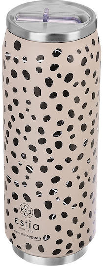 Estia Travel Cup Save the Aegean Recyclable Glass Thermos Stainless Steel / Plastic BPA Free 500ml Taupe with Straw