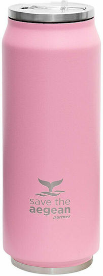 Estia Travel Cup Save The Aegean Recyclable Glass Thermos Stainless Steel BPA Free 500ml Blossom Rose with Straw