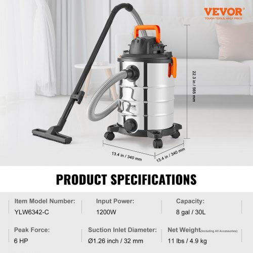 Vevor Σκούπα Υγρών / Στερεών 1200W με Ανοξείδωτο Κάδο 30lt