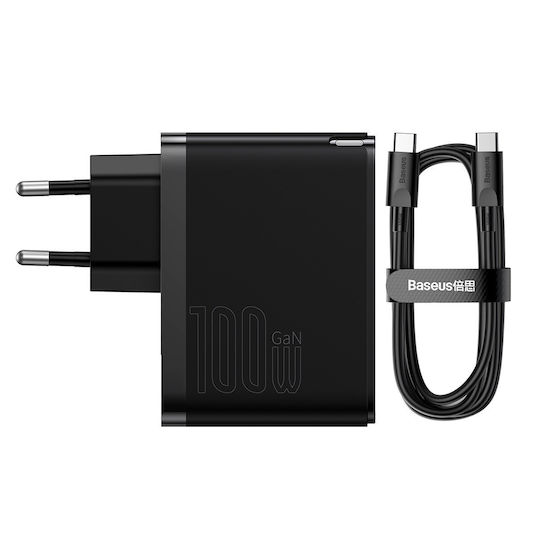 Baseus Încărcător GaN cu Port USB-A și Port USB-C și Cablu USB-C 100W Livrarea energiei / Quick Charge 4+ Negruς (Gan5)