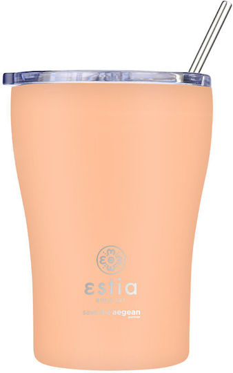 Estia Coffee Mug Save The Aegean Glass Thermos Stainless Steel BPA Free 350ml Peach fuzz with Straw