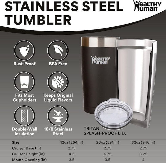 Healthy Human Cruiser Glass Thermos Stainless Steel BPA Free 591ml Black with Straw