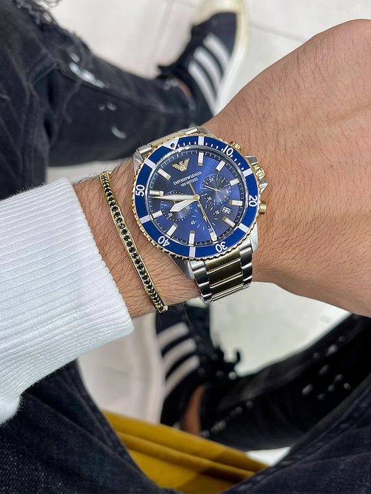 Emporio Armani Diver Ανδρικό Ρολόι 43mm Χρονογράφος Μπαταρίας με Μεταλλικό Μπρασελέ Χρυσό/Ασημί