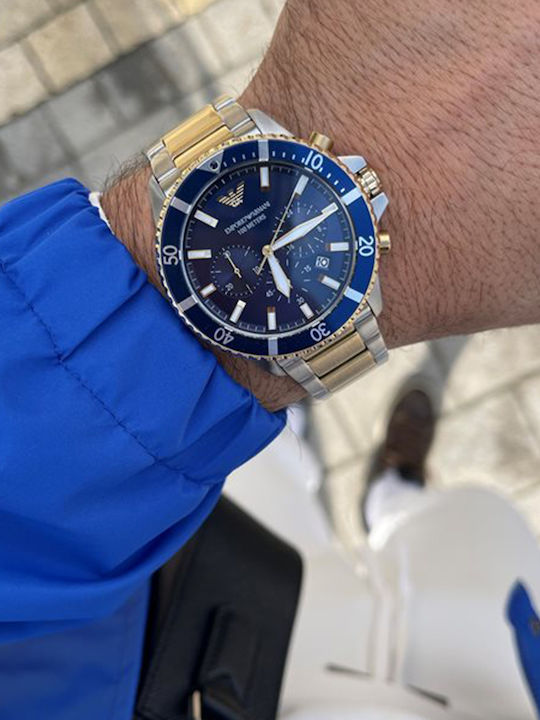 Emporio Armani Diver Ανδρικό Ρολόι 43mm Χρονογράφος Μπαταρίας με Μεταλλικό Μπρασελέ Χρυσό/Ασημί