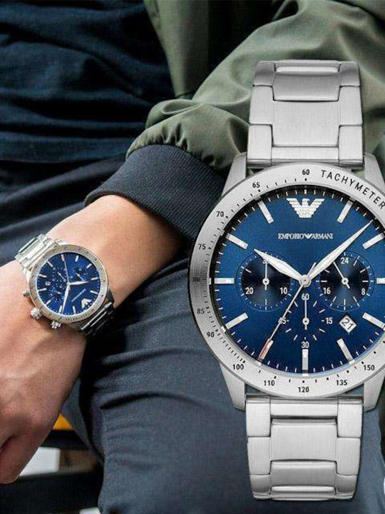 Emporio Armani Mario Ανδρικό Ρολόι 43mm Χρονογράφος Μπαταρίας με Ασημί Μεταλλικό Μπρασελέ