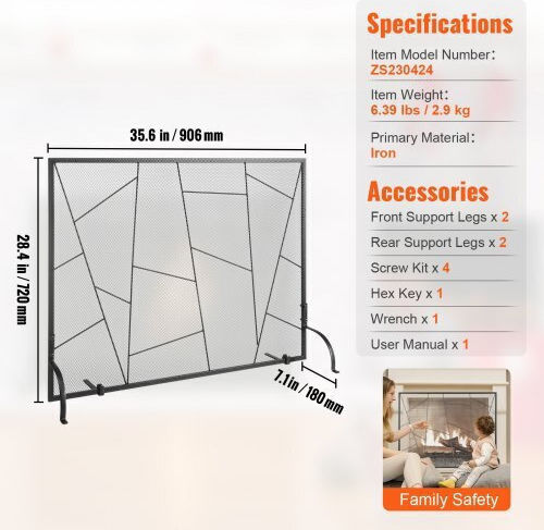 Vevor Ecran de protecție pentru șemineu din metal 90.6x72cm Gri