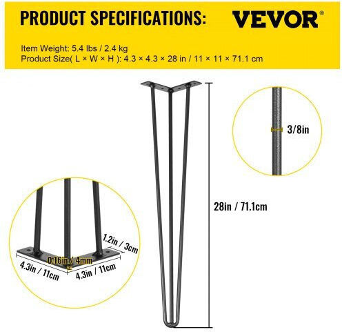 Σετ 4 Μαύρα Πόδια Τραπεζιού Vevor 28" Βάρος 220lbs Ανθρακοχάλυβα Tzzt4pcs28yc3g001v0