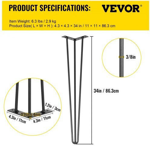 Σετ 4 Μαύρα Πόδια Τραπεζιού Vevor Hairpin 34" Βάρος 220lbs Ανθρακοχάλυβα Tzzt4pcs34yc3g001v0