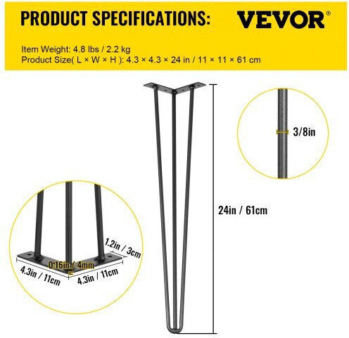 Σετ 4 Μαύρα Πόδια Τραπεζιού Vevor 24" Βάρος 220lbs Ανθρακοχάλυβα Tzzt4pcs24yc3g001v0