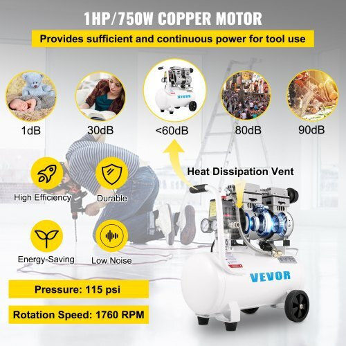 Vevor Μονοφασικό Κομπρεσέρ Αέρος 60dB με Ισχύ 1hp και Αεροφυλάκιο 25lt