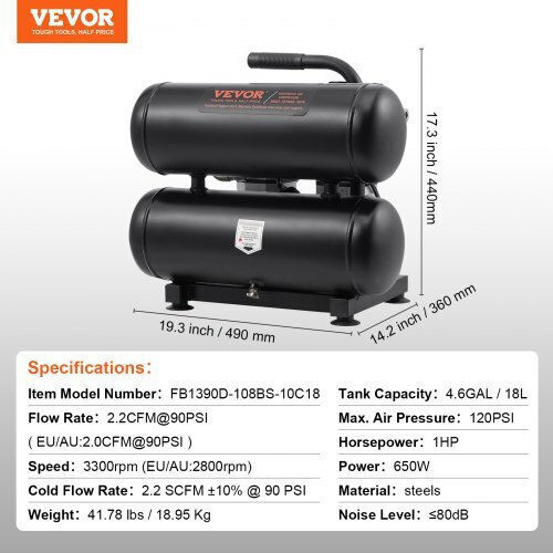Vevor Κομπρεσέρ Αέρος 80dB με Ισχύ 1hp και Αεροφυλάκιο 18lt