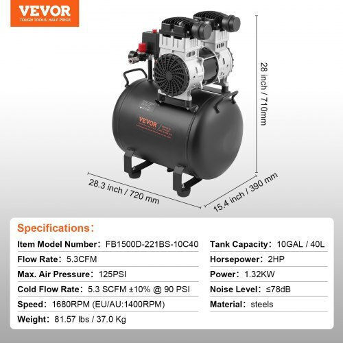 Vevor Κομπρεσέρ Αέρος 78dB με Ισχύ 2hp και Αεροφυλάκιο 10lt
