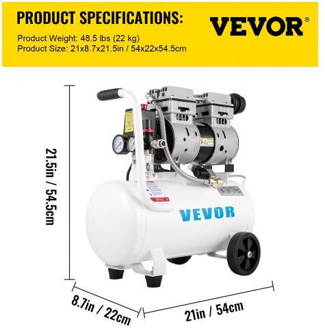 Vevor Μονοφασικό Κομπρεσέρ Αέρος 60dB με Ισχύ 1hp και Αεροφυλάκιο 25lt