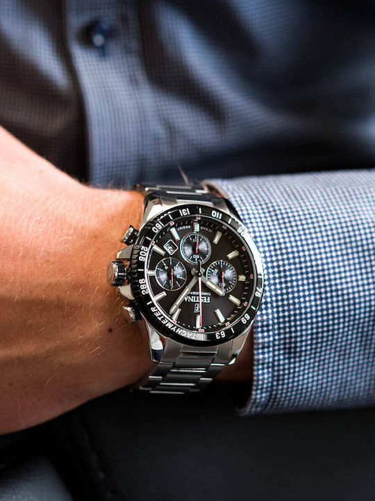 Festina Ανδρικό Ρολόι 45mm Χρονογράφος Μπαταρίας με Ασημί Μεταλλικό Μπρασελέ