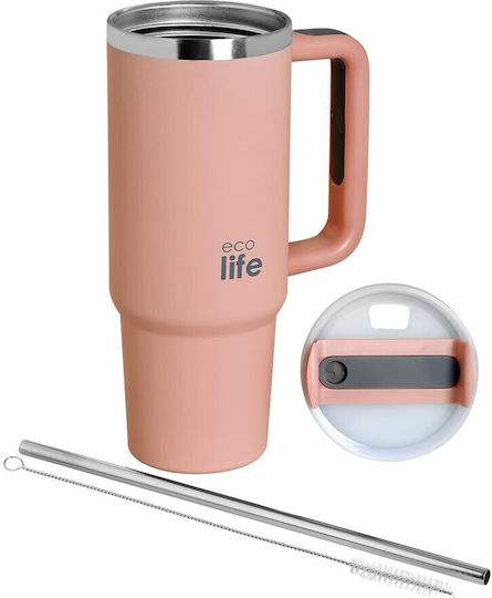 Lifegreen Ανακυκλώσιμο Handled Tumbler Θερμός Ανοξείδωτο / Πλαστικό BPA Free 900ml Flamingo Pink με Καλαμάκι και Λαβή