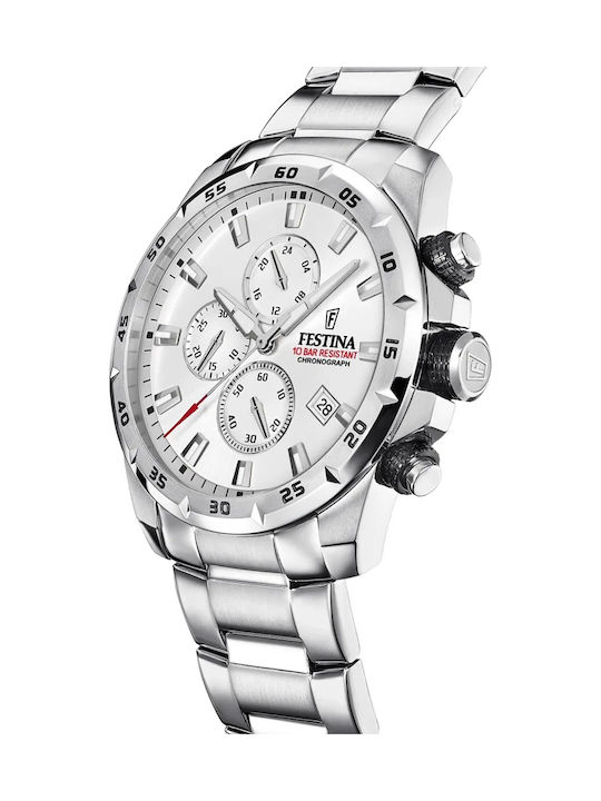 Festina Ανδρικό Ρολόι 45mm Χρονογράφος Μπαταρίας με Ασημί Μεταλλικό Μπρασελέ