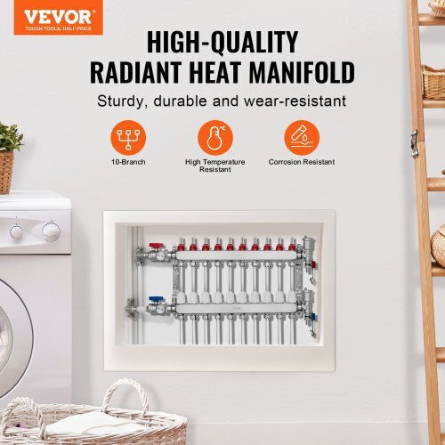 Vevor 10-Branch Floor Heating Manifold Set Pex Pipes 1/2" Drfsqbxg10hl1s697v0