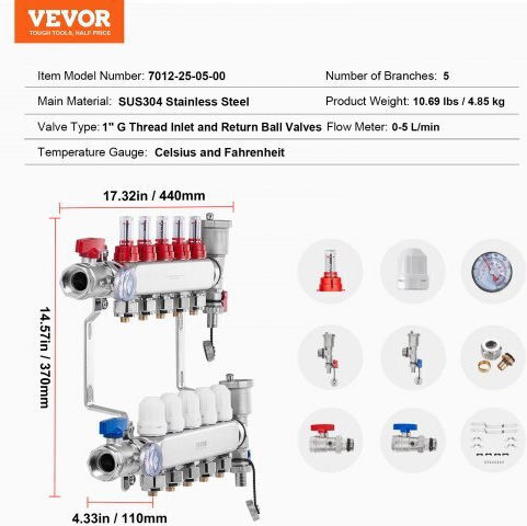 Vevor 5-fach Fußbodenheizungsverteiler-Set Pex-Rohre 1/2" Drfsqbxg5hlgxt75cv0