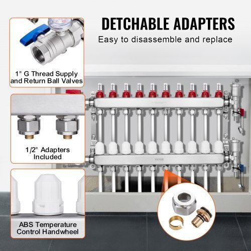 Vevor 10-Branch Floor Heating Manifold Set Pex Pipes 1/2" Drfsqbxg10hl1s697v0