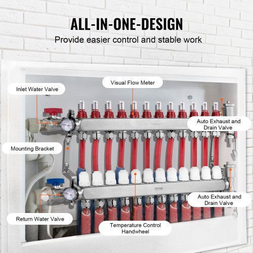 Vevor Floor Heating Manifold Set 12 Branches Pex Pipes 1/2" Drfsqbxg12hl053kuv0