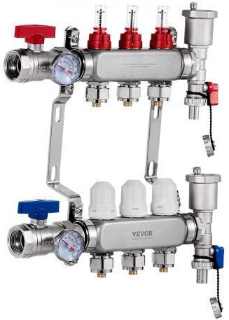 Vevor 3-Branch Floor Heating Manifold Set Pex Pipes 1/2"