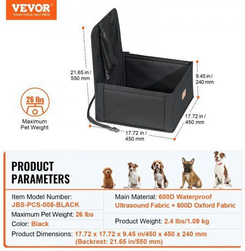 Vevor Waterproof Dog Car Seat Black