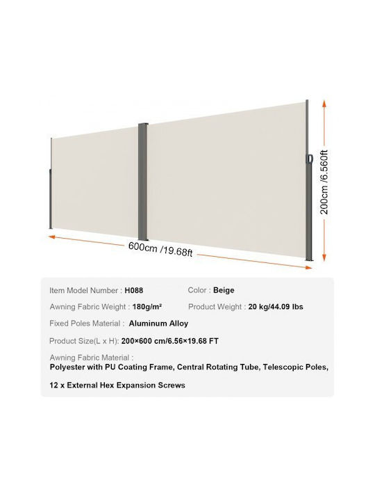 Vevor Folding Side Awning 79''x 236'' Beige Ksscp200x600hpszpv0
