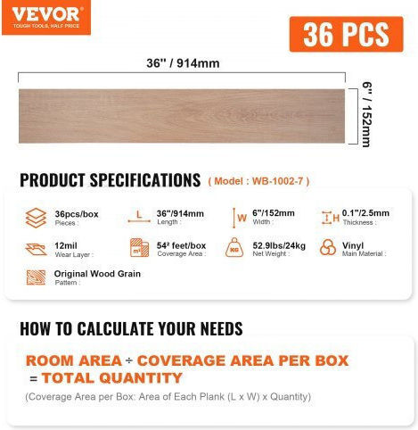Vevor Set Plastic Floor Vinyl with 36 Tiles 2.5mm L91.44cmxW15.24cm