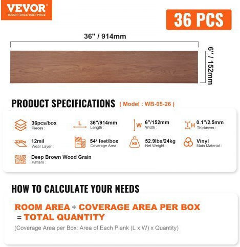 Vevor Set Plastic Floor Vinyl with 36 Tiles 2.5mm L91.44pcsxW15.24pcs Brown