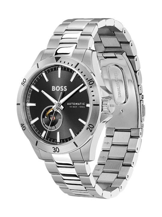 Boss Troper Ανδρικό Ρολόι 42mm Χρονογράφος Αυτόματο με Ασημί Μεταλλικό Μπρασελέ