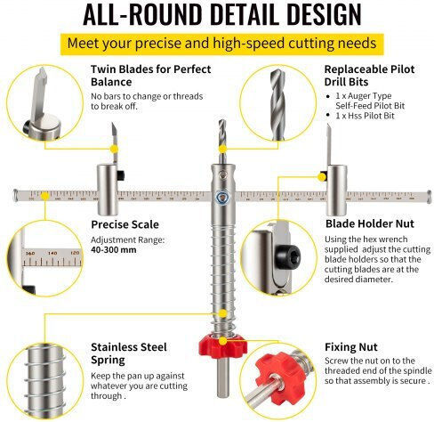 Vevor Burghiu HSS cu Tija Hexagonală pentru Panouri de gips-carton, Lemn, Sticlă, gresie, Metal și Materiale de construcție 30mm / 40mm / 10mm / 13.1mm