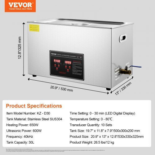 Vevor Ultraschallreiniger 30lt Edelstahl mit Digitalem Timer