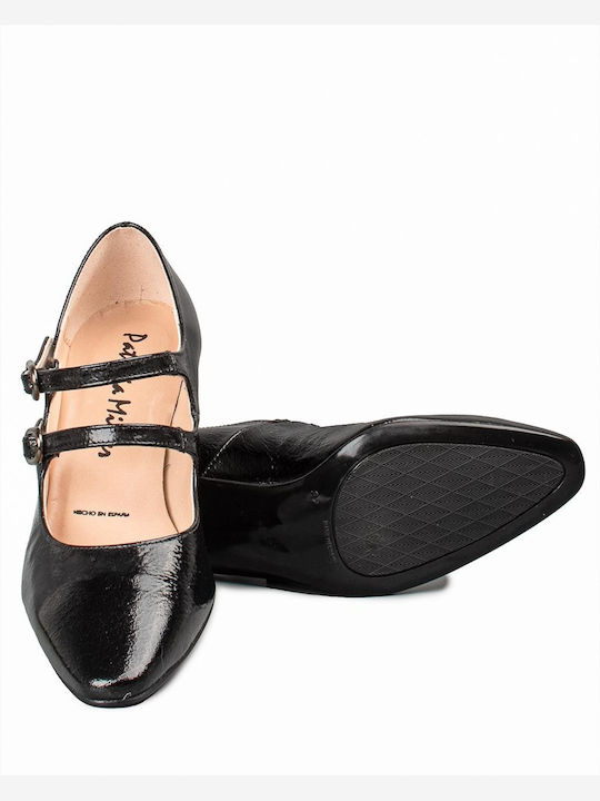 Leather Black Medium Heels with Strap
