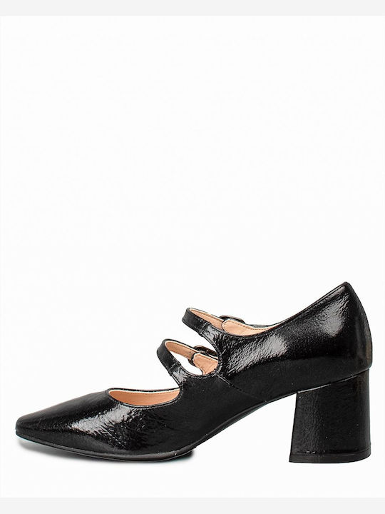 Leather Black Medium Heels with Strap