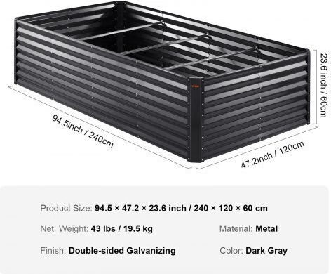 Vevor Γλάστρα Μεταλλική Σκούρο Γκρι 240x120x60εκ.