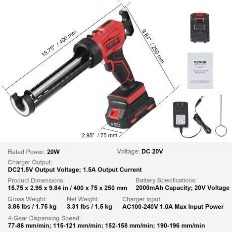 Vevor Kit Electric Silicone Gun Battery Lithium 20V 1x2Ah