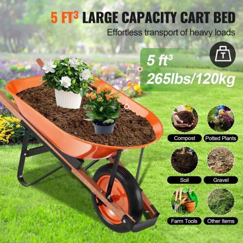 Dump Cart Garden Cart Metallic Single-wheel with Maximum Load Weight 149kg
